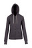 A grey zip-up hoodie with a hood and drawstring, featuring long sleeves and a casual style.