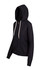 A black zip hoodie with a hood, featuring drawstrings and front pockets, has a simple design and fitted style.