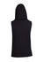 A sleeveless black zip hoodie featuring a hood and a branded logo on the back. Ideal for casual wear.