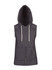 A sleeveless zip hoodie in dark heather grey, featuring a hood and front pockets. It has a logo on it.