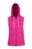 A sleeveless zip hoodie in bright pink, featuring a hood and front pockets, with a brand logo.