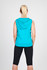 A sleeveless zip hoodie in a vibrant turquoise colour, featuring a hood and a fitted design, captured from the back.