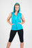 A sleeveless zip hoodie in bright blue with a hood, featuring front pockets and a fitted design.