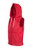A red sleeveless zip hoodie featuring a hood and front pockets, part of the Greatness Range. It has a logo.