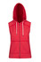 A red sleeveless zip hoodie with a hood and front pockets, featuring a logo.