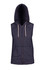 Sleeveless zip hoodie in dark heather blue, featuring a hood and front pockets. Includes a logo.