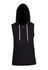 A sleeveless black zip hoodie featuring a hood, with front pockets and drawstrings. It includes a logo.