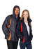 Two models wearing shower-proof sportech nylon jackets in navy and grey, featuring orange accents. The jackets have hoods and branding.
