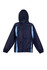 A navy blue shower proof sportech nylon jacket featuring light blue accents and a hood, with elasticised cuffs.