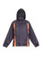 A rain jacket in navy blue with orange accents, featuring a hood and an emblem.