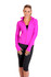 A bright pink women's nylon/spandex jacket with a zip front and long sleeves, featuring a logo on the sleeve.