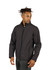 A soft shell jacket in charcoal grey, featuring a high collar and a zip front, with side pockets and a branding logo.