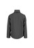 A grey soft shell jacket with a textured pattern and a high collar, featuring a logo.