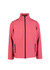 A red soft shell jacket with a high collar and zippered pockets, featuring a logo on the front.