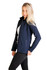 A women's soft shell jacket in navy blue, featuring a zip front and side pockets, modelled by a woman.