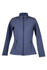 A women's soft shell jacket in navy, featuring a zip front and side pockets, with a branding logo.