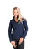 A soft shell jacket in navy blue, featuring a front zip and a fitted design, with a logo present.