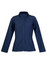 A women's soft shell jacket in navy blue with a full zip and pockets, featuring a branded logo.