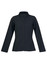 A women's soft shell jacket in dark grey, featuring a zip front and side pockets, with a logo present.