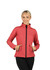 A red soft shell jacket featuring a zip front and side pockets, worn by a smiling model.