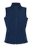 A navy soft shell vest featuring a high collar and zippered front, with two side pockets and a logo.