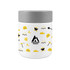 A food container in white with a grey lid, featuring mining-themed illustrations and a logo.