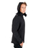 A black soft shell hooded jacket with a fitted style, featuring a zip front and side pockets.