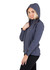 A woman wearing a navy blue soft shell hooded jacket, featuring a sleek design and a zippered front.