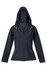 A black women's soft shell hooded jacket with a zip front and an attached hood, featuring a minimal design.
