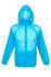A men's air jacket in a light blue colour, featuring a hood and zippers. It has a logo on the front.