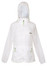 A lightweight women's jacket in white with a hood, featuring green zipper accents and a logo.