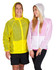 A yellow and a pink women's air jacket are worn by a smiling woman and man, each featuring a hood and branding.