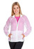 A woman in a lightweight white and pink jacket features a zip front, hood, and pockets, with a logo visible.