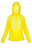 A women's jacket in bright yellow with a hood, featuring zippered pockets and a sleek design.