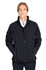 A black men's jacket with a zip, featuring white piping and a logo on the chest. The model is wearing a collared shirt.