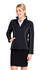 A black women's jacket featuring white piping, designed with a zip front and side pockets, with a branded logo.