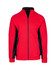 A red and black men's jacket featuring a zip front and a logo on the sleeve.