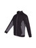 A men's jacket in black with grey panels, featuring a zip front and a side pocket. It includes a logo.