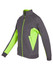 A grey jacket with bright green accents, featuring a zip front and side pockets. It includes a logo.