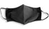 A black face mask made from 100% cotton, featuring ear loops and a plain design. It has a logo on one side.
