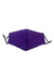A purple cotton face mask with adjustable toggle ear straps and a seam in the middle, featuring a logo.