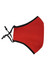 A red one-piece cotton face mask with adjustable toggle and black trim. Features a logo.
