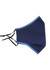 A navy blue cotton face mask with adjustable toggles, featuring a contrasting lighter blue trim.