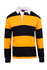 A black and yellow striped rugby polo with a white collar and long sleeves, featuring a logo on the chest.