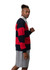 A men's unisex rugby polo in red and navy stripes, featuring a collared design and long sleeves. It has a logo.
