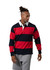 A rugby polo in red and navy stripes with a white collar, featuring a logo on the chest.