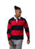 A rugby polo in red and navy stripes with a white collar. Features a logo on the chest.