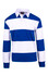 A blue and white striped rugby polo shirt with a collar and long sleeves, featuring a logo.