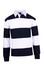 A black and white striped rugby polo shirt with long sleeves and a collar, featuring a logo.