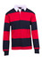 A red and navy striped rugby polo shirt with long sleeves and a white collar, featuring a logo on the chest.